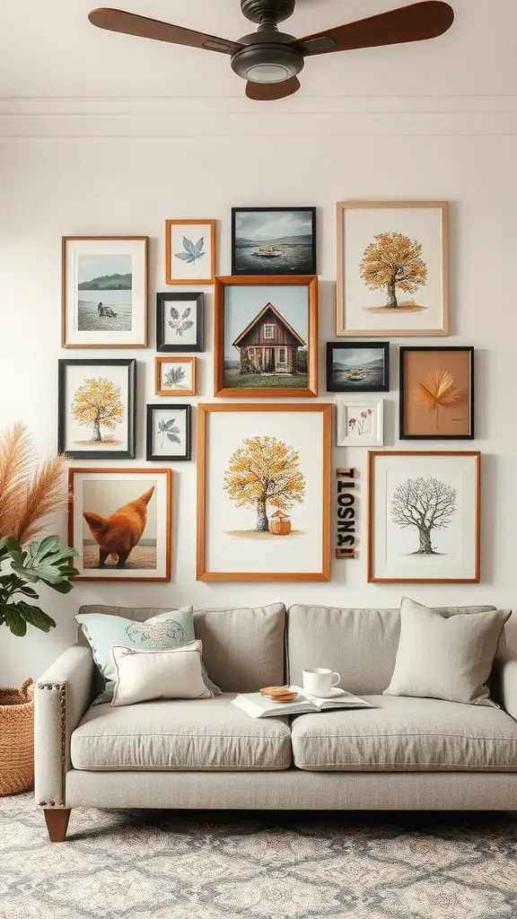 A layered wall art display featuring various frames with nature-themed artwork in warm fall colors, above a cozy sofa.