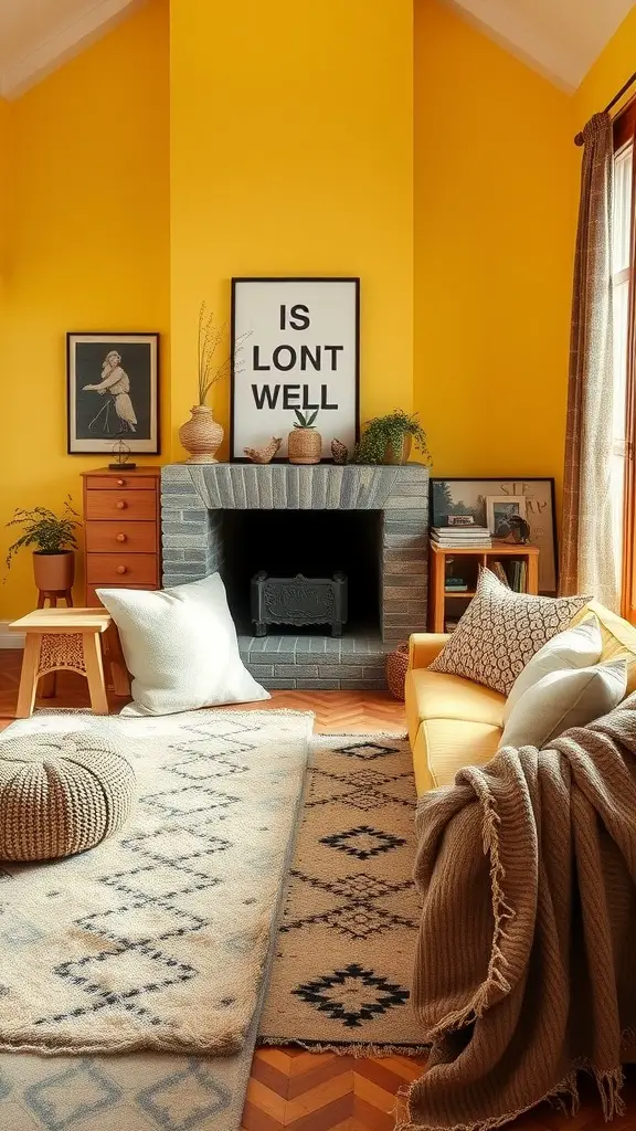 Cozy living room with yellow walls, featuring layered textures like knitted throws, soft pillows, and patterned rugs.