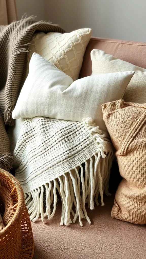 A cozy arrangement of pillows and a throw blanket on a couch, with a woven basket nearby.