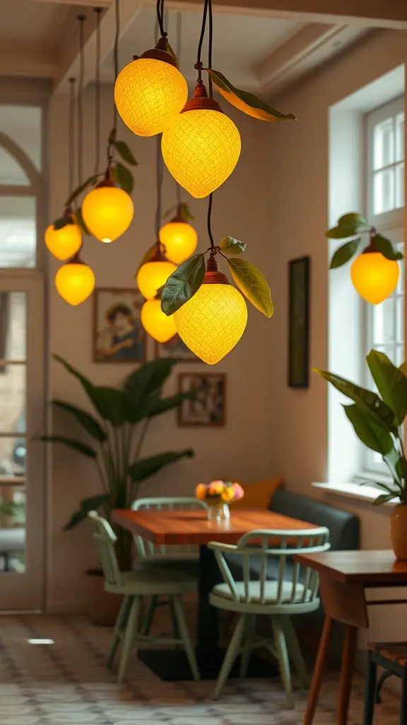 Hanging lemon-shaped lights in a cozy dining area.