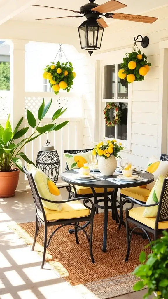 A bright outdoor patio with lemon-themed decor, featuring cushions, a round table with lemons, and potted plants.