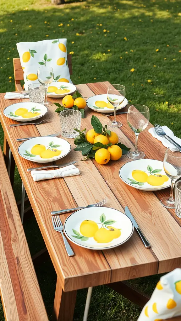 Outdoor table set with lemon-patterned tableware, including plates and glasses, surrounded by greenery.