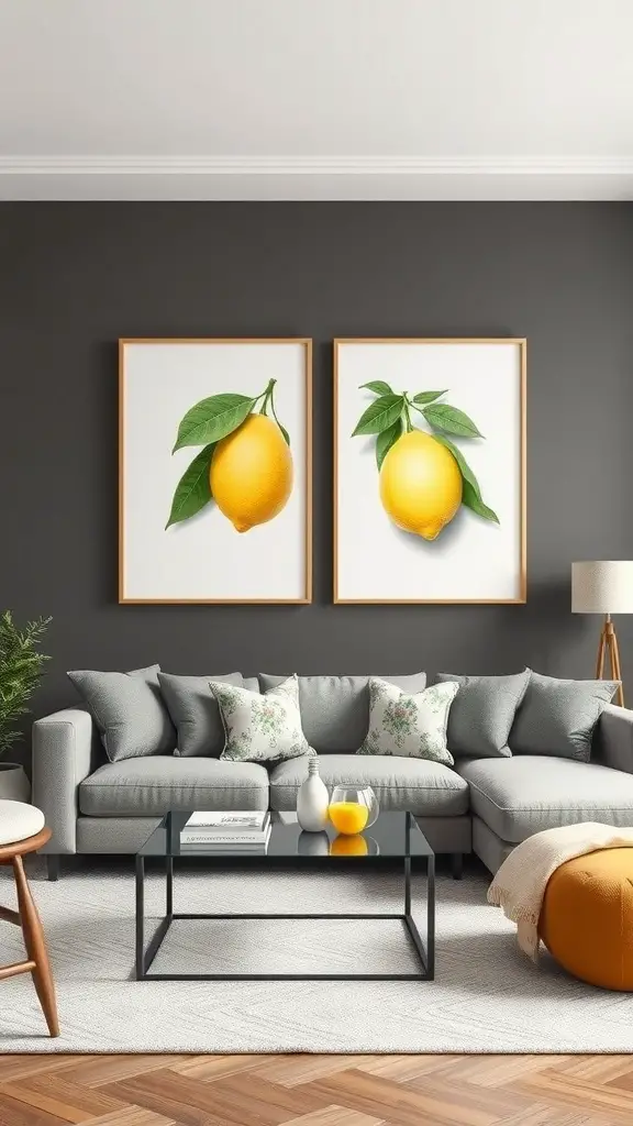Lemon-print wall art displayed in a stylish living room setting