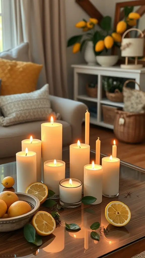 A cozy living room setup with white candles of various heights lit on a coffee table, surrounded by fresh lemons and green leaves.