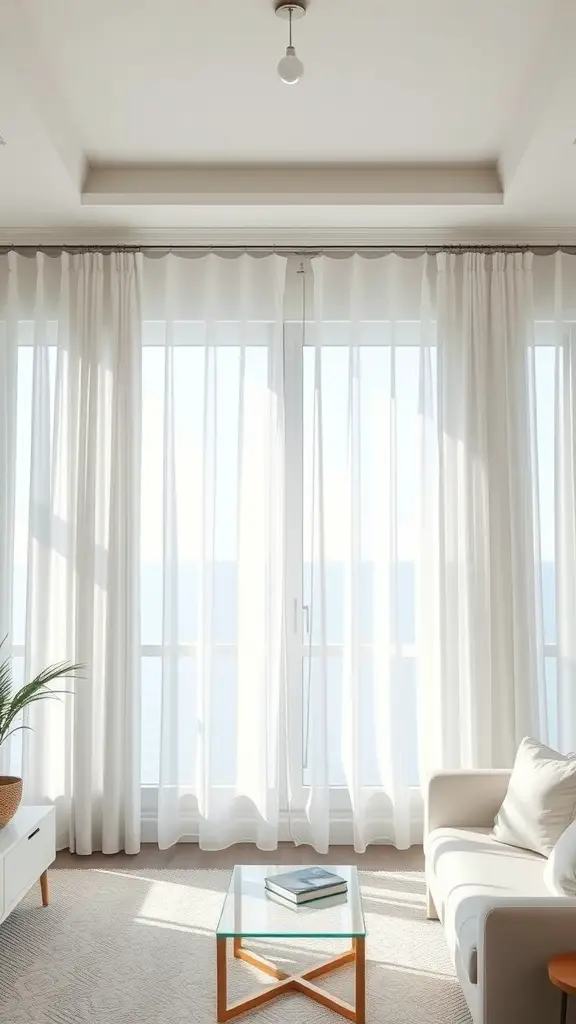 Light and airy window treatments in a coastal beige and white living room setting, featuring sheer white curtains and a minimalist design.