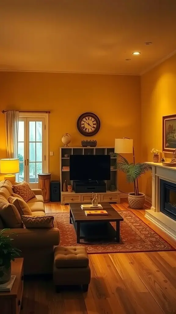 Cozy living room with yellow walls, warm lighting, and a comfortable sofa