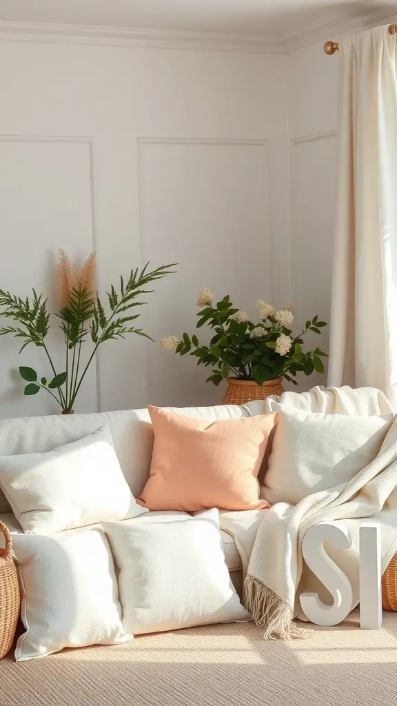 A cozy living room with a white sofa adorned with linen cushions and a throw, surrounded by plants.