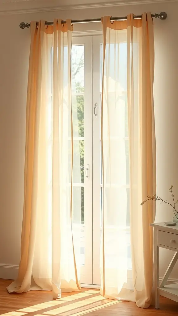 Lightweight sheer curtains hanging in a sunlit room next to a window.