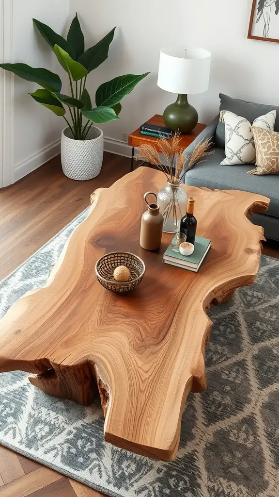 A live edge coffee table made of natural wood, styled with decorative items and surrounded by modern decor.