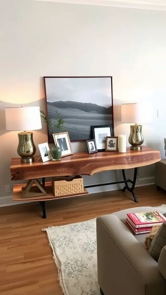 A live edge wooden console table with framed photos and lamps on top, featuring a shelf with a basket and books.