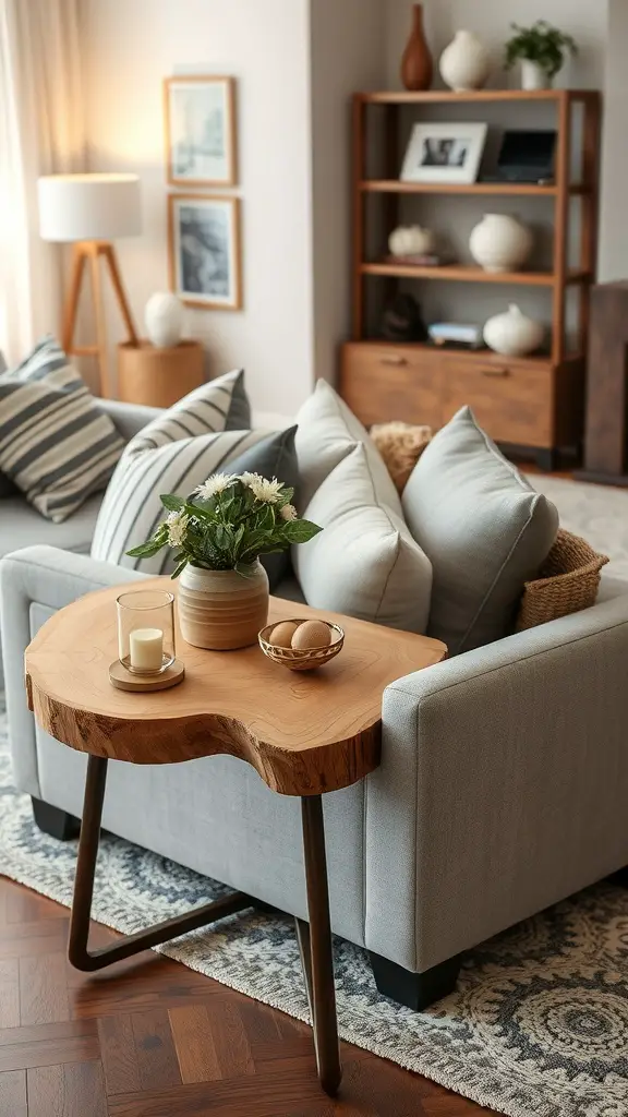 A cozy living room featuring a live edge wooden side table next to a sofa, with plants and decorative items on the table.