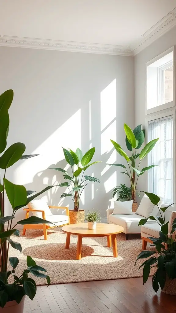 Bright living room with lush green plants, cozy seating, and natural light.
