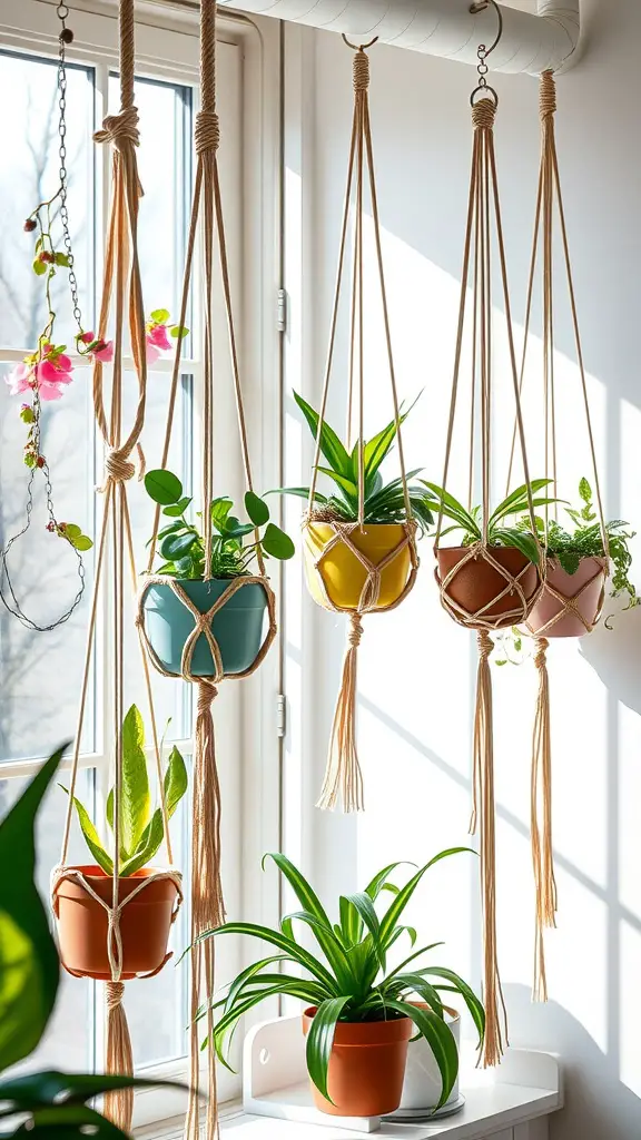 Macrame plant hangers with various pots and plants hanging by a sunny window
