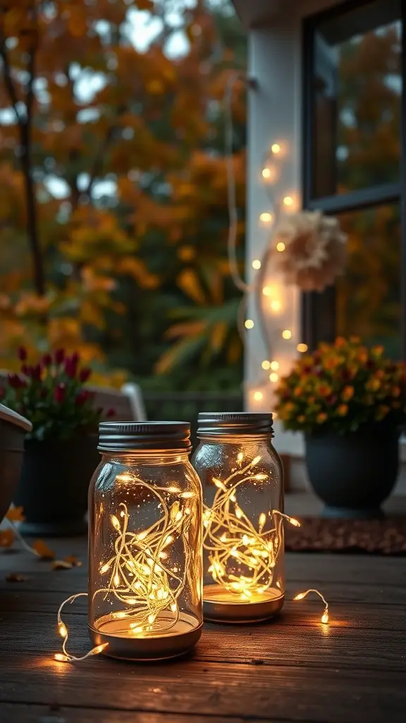 Mason jars filled with twinkling lights, surrounded by autumn leaves and flowers