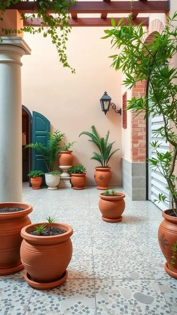 A Mediterranean courtyard featuring terracotta pots filled with plants and a terrazzo floor.