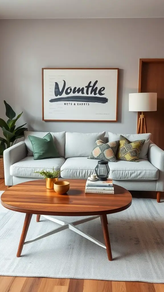 Living room featuring mid-century modern furniture with a light gray sofa, wooden coffee table, and colorful throw pillows.
