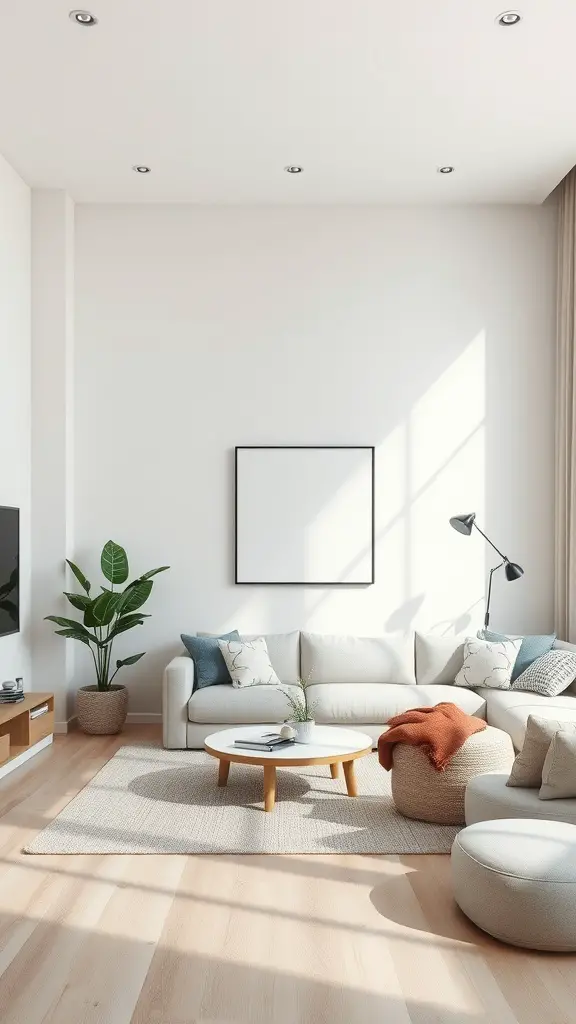 A minimalist living room featuring a light sofa, green plant, circular coffee table, and a blank frame on the wall.