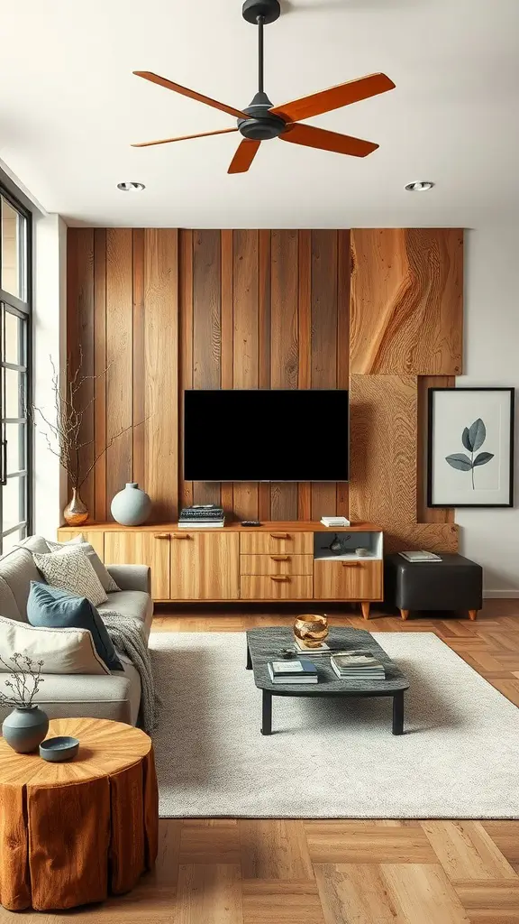 Modern living room featuring mixed materials, including wood, metal, and textiles.