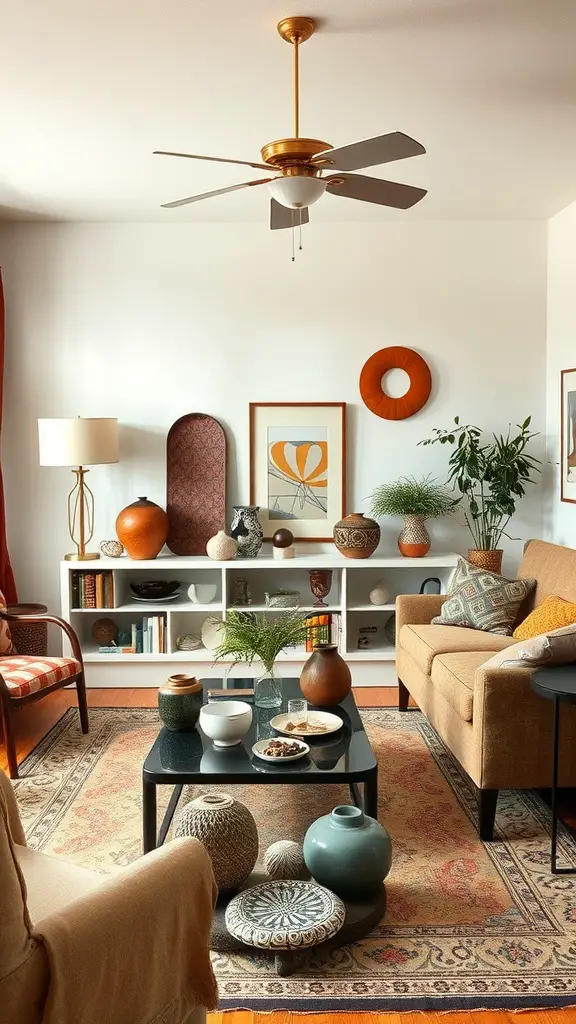 Cozy living room with mixed media decor featuring vases, plants, and a ceiling fan.