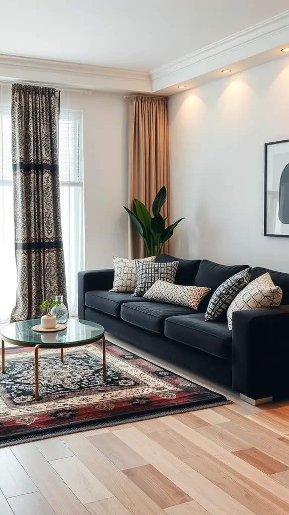 Cozy living room featuring a black sofa with patterned pillows and a colorful area rug.