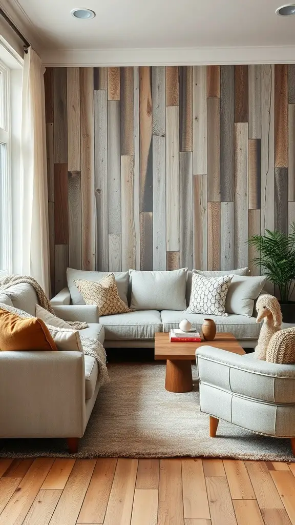 Cozy living room featuring barn wood wall, light-colored sofas, and a wooden coffee table.