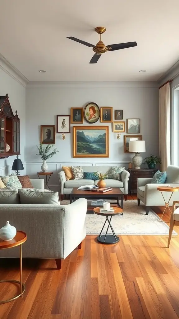 A cozy living room with wood floors, modern furniture, and vintage decor