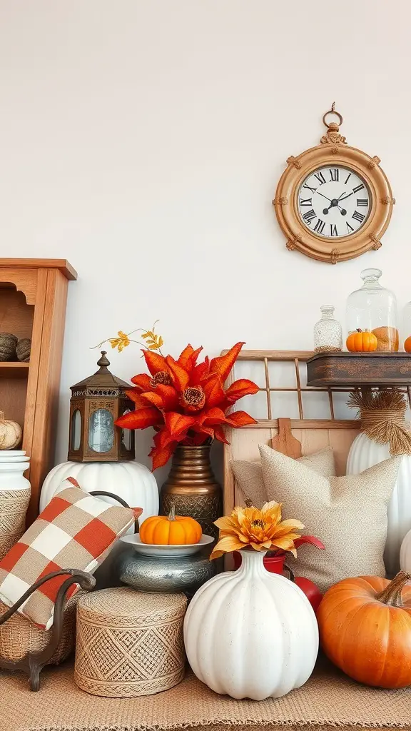 A cozy fall decor display featuring a mix of vintage and modern elements, including pumpkins, flowers, and a wall clock.