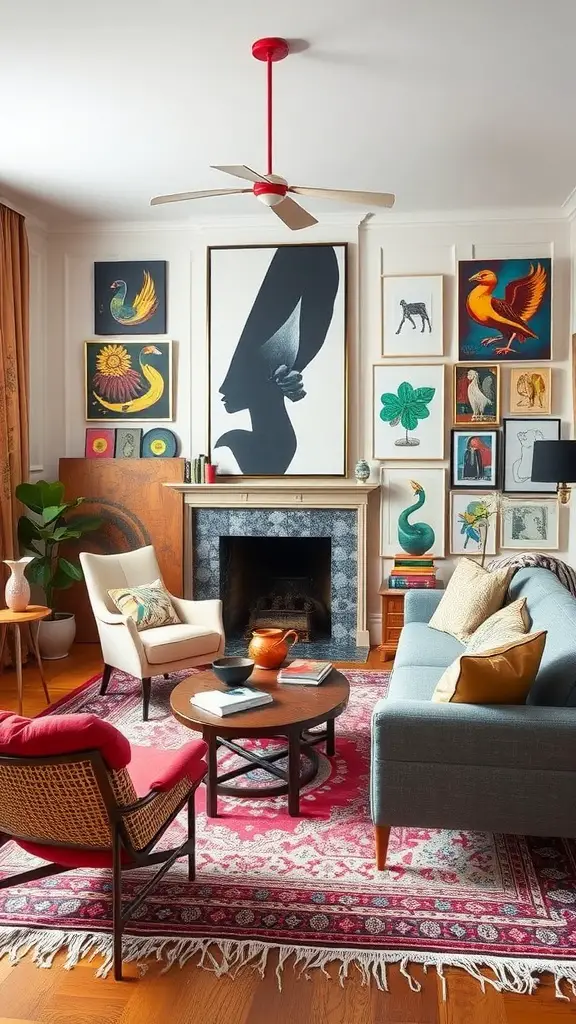 A modern eclectic living room featuring a mix of unique art pieces, colorful furniture, and plants.