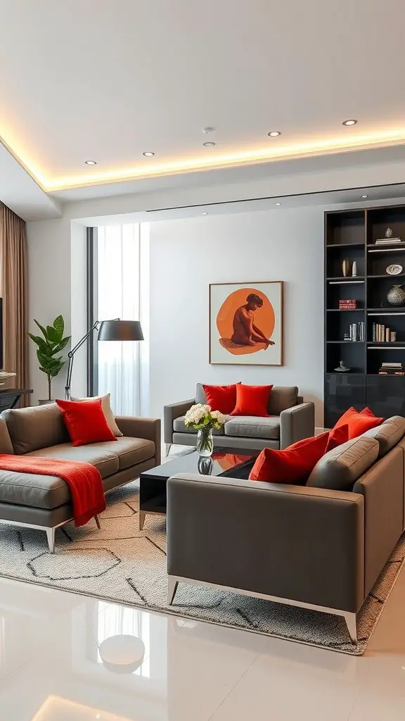 Modern living room with light sofas, red accents, and bold wall art