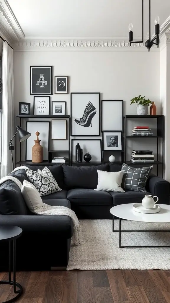 Cozy monochrome living room featuring a black sofa with patterned pillows and framed art on the wall.