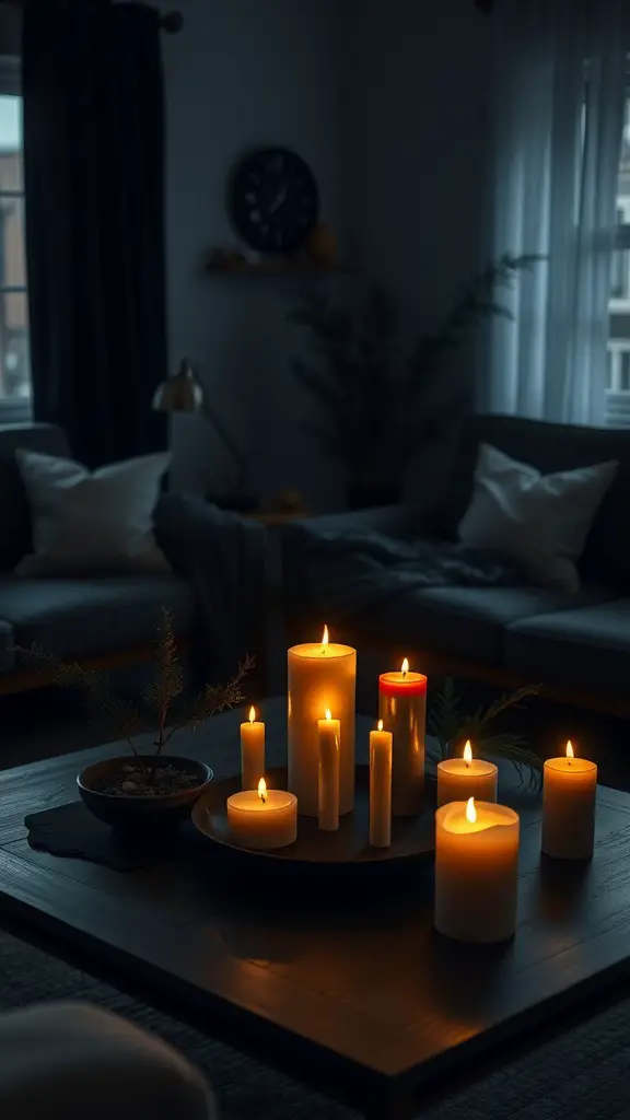A collection of candles in varying sizes, lit and arranged on a round tray in a cozy living room setting.