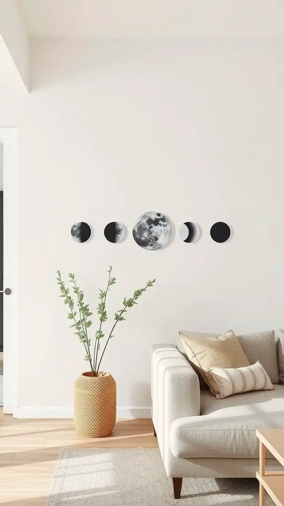 A modern living room with moon phase wall decor, a cozy couch, and a potted plant.
