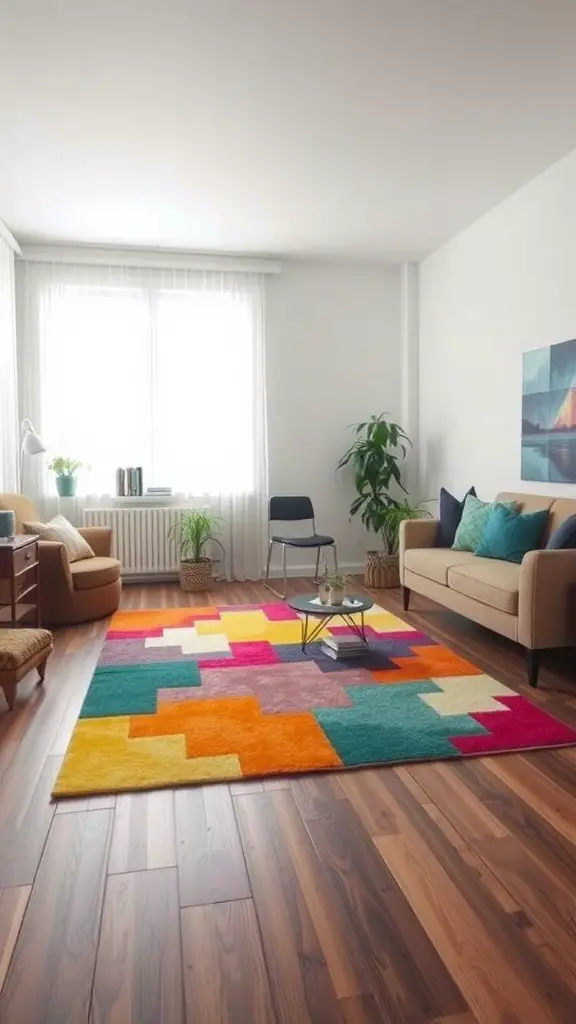 A colorful rug with geometric patterns in a modern living room setting