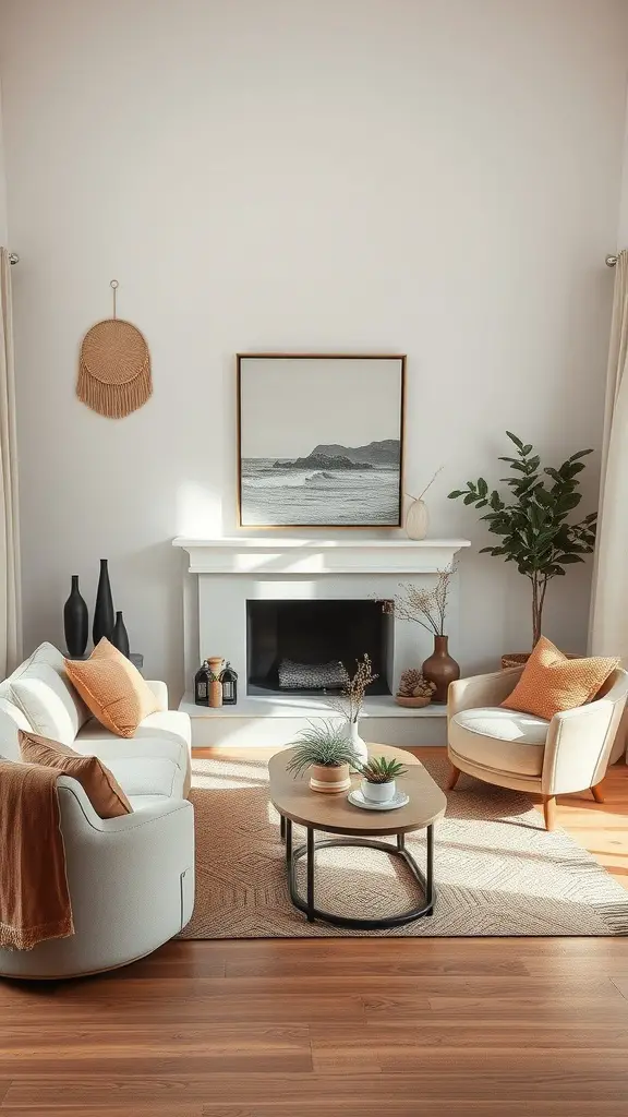 A cozy living room decorated in muted earth tones with beige walls, wooden flooring, and soft orange accents.