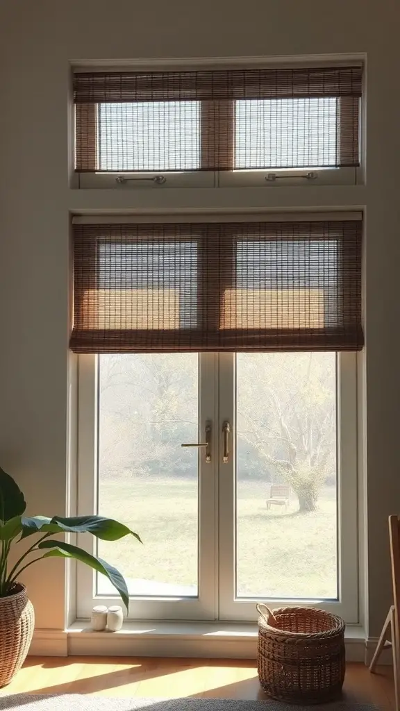 Natural bamboo shades covering windows, allowing soft sunlight to filter in.