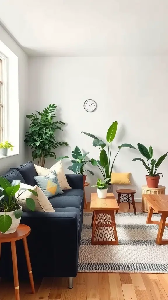 A cozy living room featuring a black sofa, wooden tables, and various houseplants.