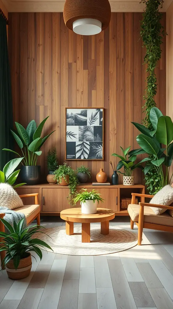 A cozy living room with wooden accents, various indoor plants, and a round coffee table, creating a natural and inviting atmosphere.