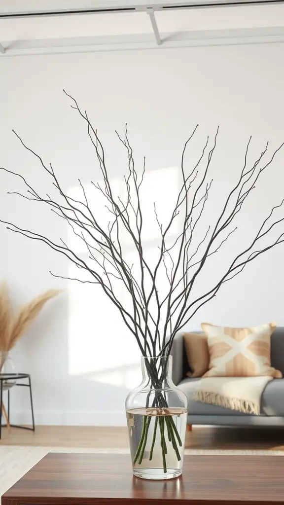 Tall, slender branches in a clear vase on a wooden table, creating a natural decor element in a cozy living room.
