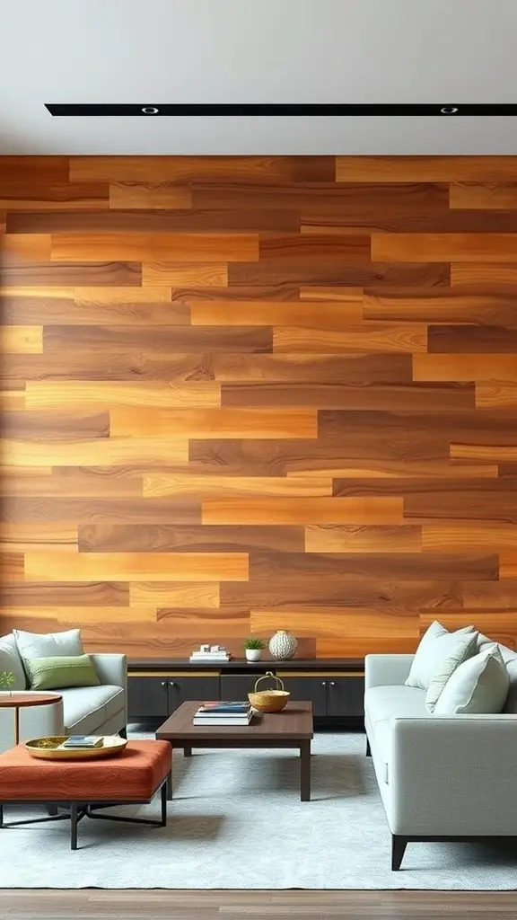 A living room featuring a natural wood accent wall with rich brown and orange tones, complemented by modern furniture.