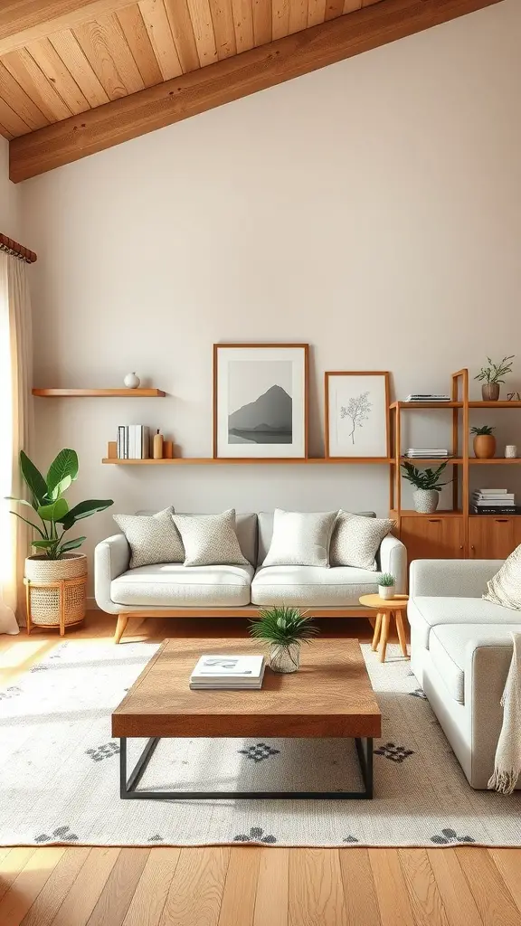 A cozy living room featuring natural wood accents, beige and white furniture, and plants.