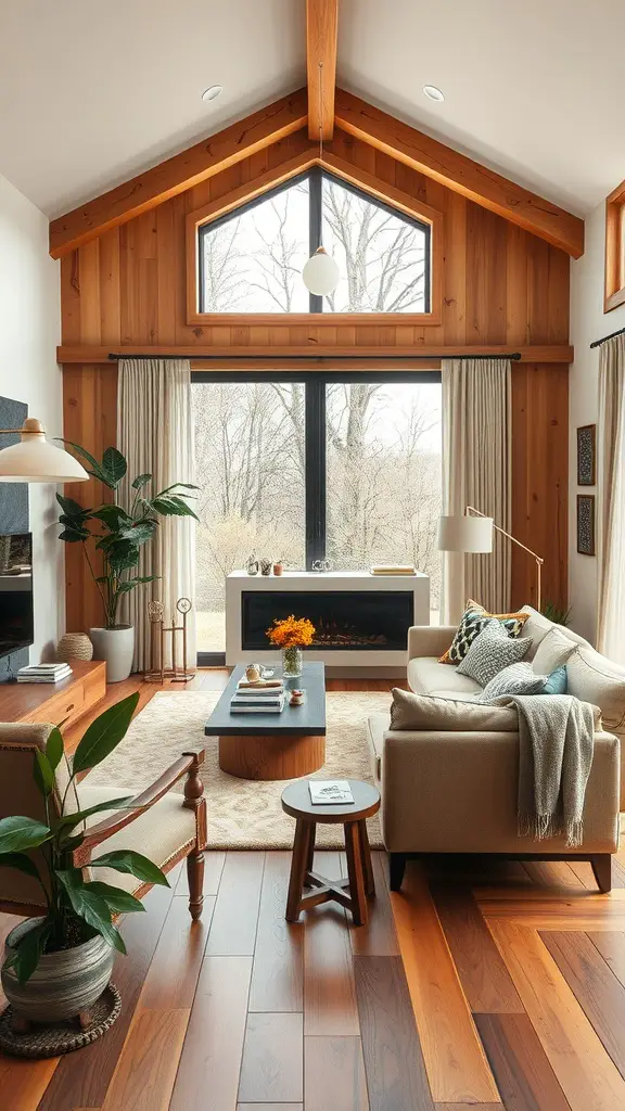 A beautifully decorated living room featuring natural wood accents, large windows, and cozy furniture.