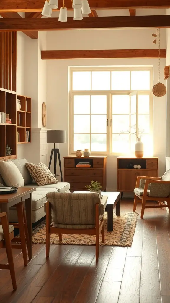 Cozy living room with natural wood accents and soft furniture