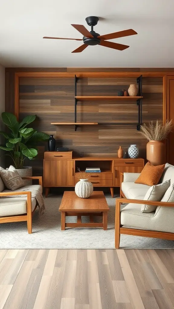 A modern living room featuring natural wood furniture, a ceiling fan, and decorative elements.