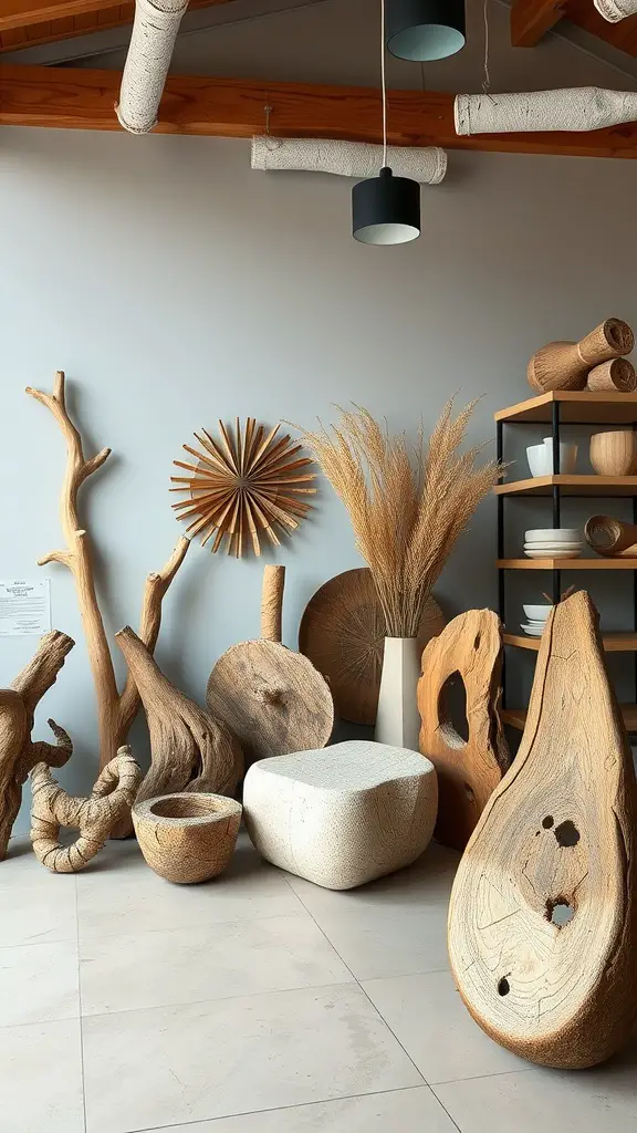 A collection of natural wooden decor pieces in a cozy indoor setting.