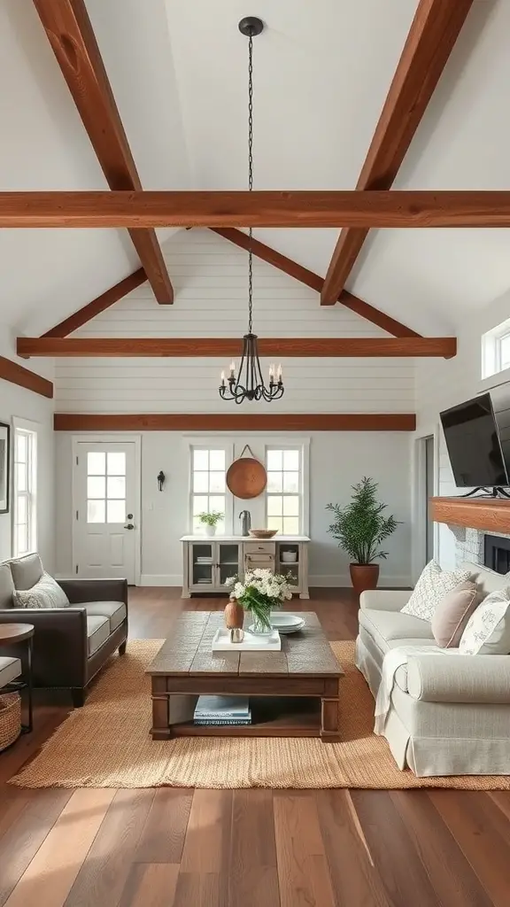 A cozy living room featuring exposed wooden beams, a wooden coffee table, and natural decor elements.