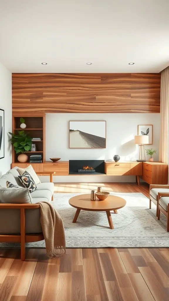 A stylish living room featuring natural wood elements, with a wooden wall, furniture, and plants.