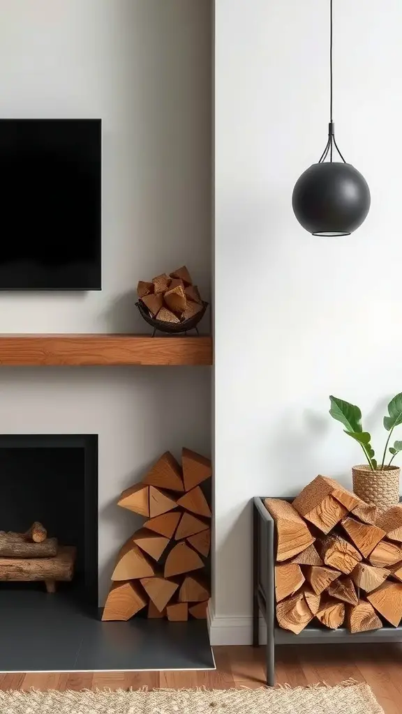 Natural wood firewood rack with neatly stacked firewood in a living room setting.