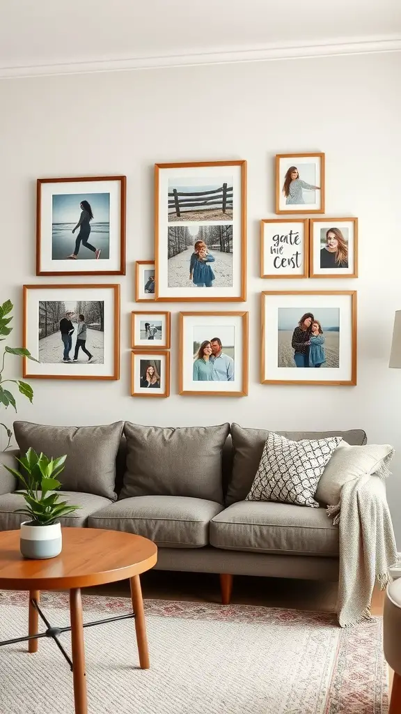 A living room with a cozy sofa and a wall adorned with natural wood picture frames holding black-and-white photos.