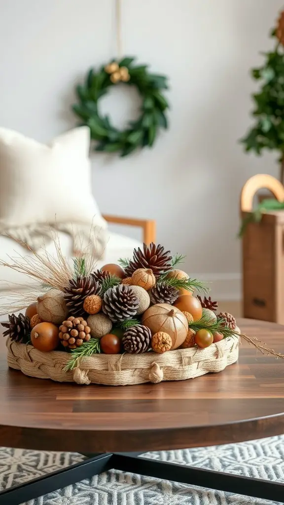 Nature-inspired centerpiece featuring pinecones, pumpkins, and greenery in a woven tray