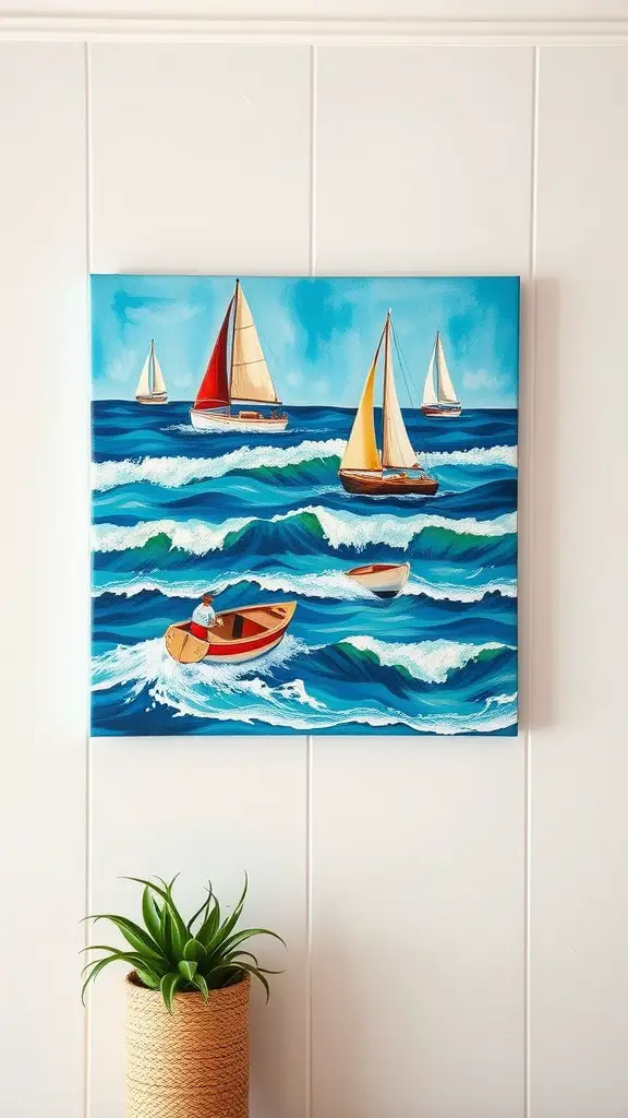 A colorful painting of boats sailing on waves, hanging on a wall with a plant in a pot below.